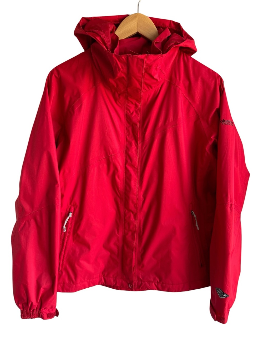Columbia Waterproof Raincoat Womens L Red Full Zip Hooded Windbreaker Fall Coat
